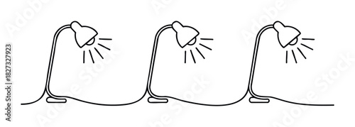 Three desk lamps with visible light rays, representing illumination and ideas, ideal for concepts related to study, work, or creativity.