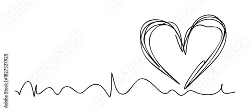 Hand drawn continuous line heart symbol with electrocardiogram pulse, representing love, health, and life, perfect for medical or romantic themes.