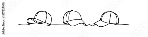 Single line drawing of three baseball caps in a row, conveying a minimalist and modern aesthetic perfect for apparel branding or graphic design projects.