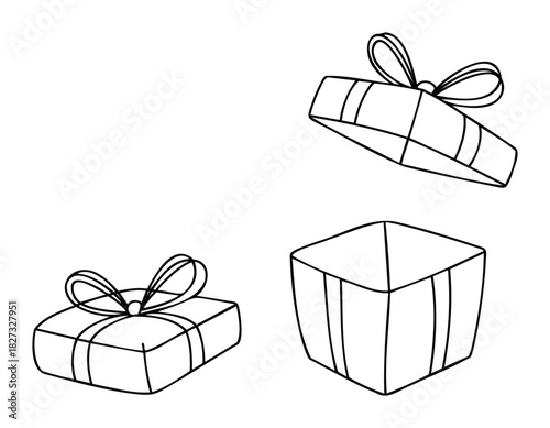 Line art drawings of a closed gift box with ribbon and bow, and an open gift box revealing an empty interior for celebrations and surprises