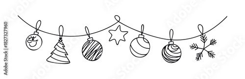 Whimsical handdrawn holiday garland featuring ornaments, a star, a Christmas tree, and a snowflake, perfect for festive celebrations and seasonal decoration projects