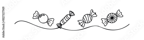 Collection of four varied black line art candies with wrappers on a flowing wavy line, perfect for sweet treat celebrations and confectionery themes.