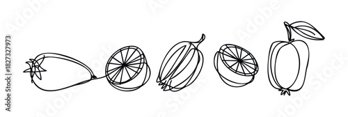 Simple continuous line drawings of various fresh fruits and vegetables including a tomato, orange slices, bell pepper and apple, ideal for healthy eating and culinary themes.