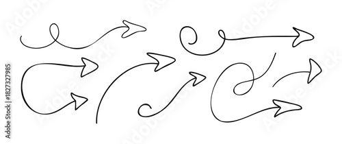 Collection of hand drawn curved and straight arrows pointing in different directions perfect for emphasizing direction or selection in graphic layouts