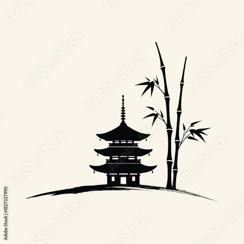 Pagoda and Bamboo Silhouette Illustration asian architecture building culture east japan japanese landmark nature oriental religion