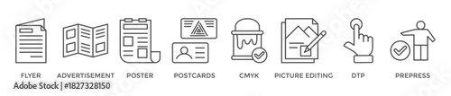 Print banner web icon vector illustration concept with icon of flyer, advertisement, brochure, poster, postcards, cmyk, picture editing, dtp, and prepress