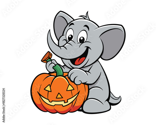 smiling elephant carving a pumpkin colorful cartoon vector illustration design