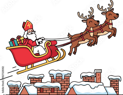 Santa Claus in his sleigh, pulled by reindeer, flying over snow-covered rooftops, delivering gifts.