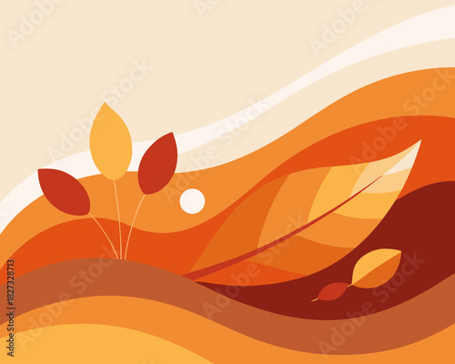 Fall leaves and abstract wavy patterns in warm autumn seasonal illustration.