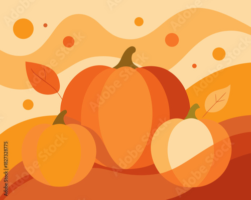 Autumn harvest festival illustration with three pumpkins and fall leaves