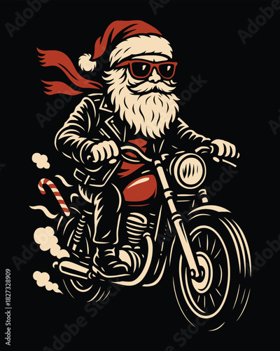 Biker Santa Claus Riding a Classic Motorcycle with Candy Cane Exhaust