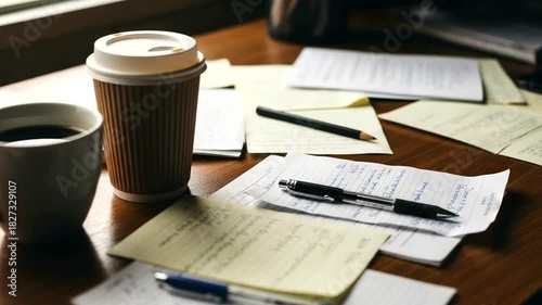 Wallpaper Mural Creative workspace with coffee, notes and pens, perfect for brainstorming video backgrounds, study Torontodigital.ca