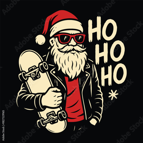 Santa Claus in Sunglasses and Leather Jacket Holding Skateboard