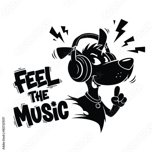 Cartoon Dog Listening to Music with Headphones audio sound entertainment fun animal pet black white vector illustration graphic design