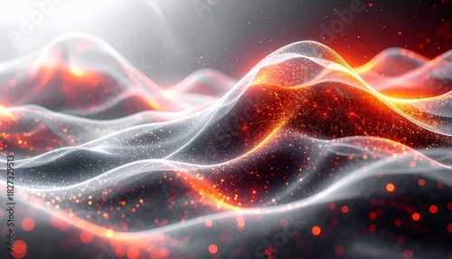 Abstract digital illustration of glowing energy waves with particles and fiery tones