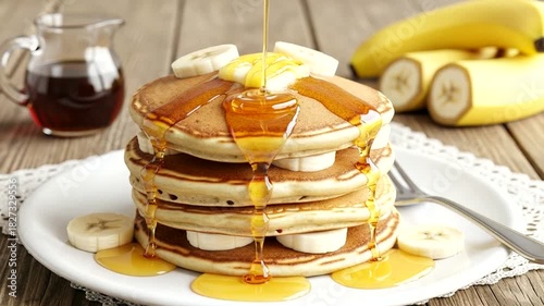 Wallpaper Mural Delicious banana pancakes dripping with golden syrup, a breakfast delight and culinary masterpiece Torontodigital.ca