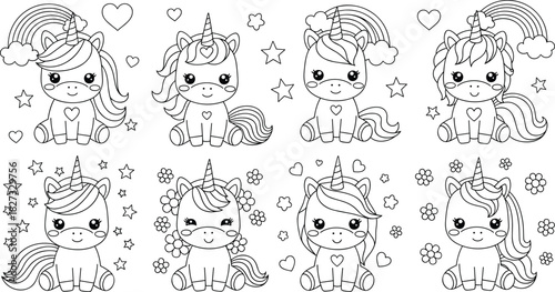 Cute Cartoon Unicorns Black Outline Coloring Book Page Vector Set, Featuring Rainbows, Hearts, and Flowers for Kids' Activity Books, Prints, and Stickers.