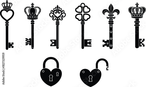 Set of Antique Skeleton Keys and Heart-Shaped Padlocks Vector Silhouettes, Symbolizing Love, Romance, Royalty, and Vintage Security for Design and Craft Projects.