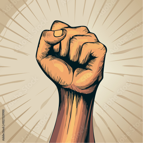 A clenched fist raised upwards in a symbol of protest, power, solidarity, and the fight for freedom, depicted with bold lines and dramatic shading