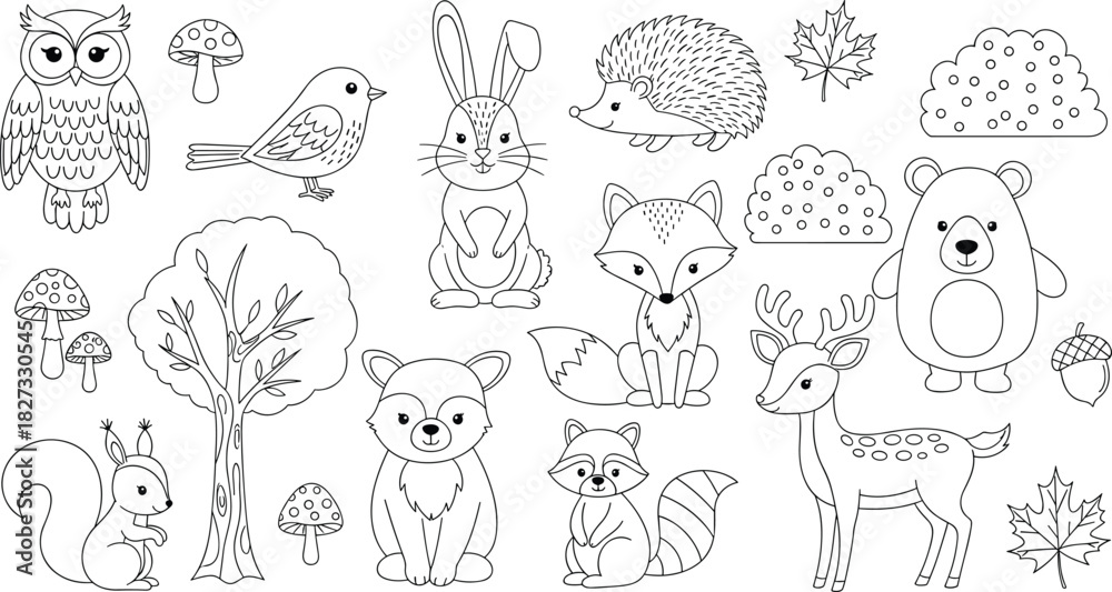 Obraz premium Cute Forest Woodland Animals and Nature Elements Set, Owl, Fox, Deer, Bear, Rabbit, Squirrel, and Raccoon, Black Line Art Vector Illustration for Kids Coloring Book