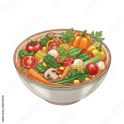 Healthy Fresh Vegetable Soup In A Bowl With Tomato Corn Carrot Broccoli And Mozzarella Balls Isolated On Transparent Background