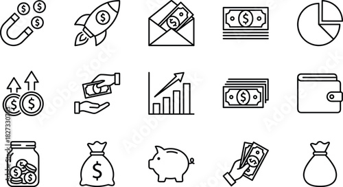Set of Black Line Icons for Money, Finance, Investment, Growth, Piggy Bank, Cash, Savings, Financial Success, and Economy
