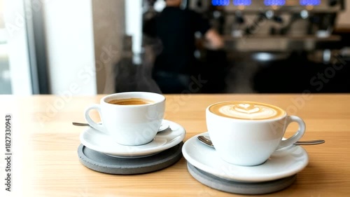 Wallpaper Mural Elegant coffee shop setting featuring espresso and cappuccino on a wooden table with soft bokeh Torontodigital.ca