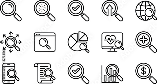 Set of Black Line Icons for Search, Magnifying Glass, Data Analysis, Research, Discovery, Global SEO, and Business Review