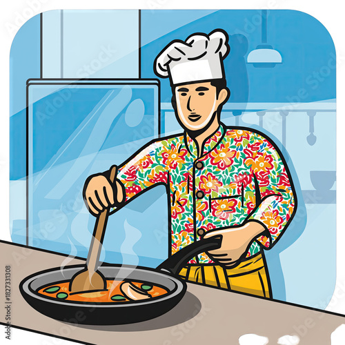 Man Wearing A Colorful Floral Shirt Cooks Food In A Pan On A Stove In A Kitchen With Blue Accents And Natural Lighting