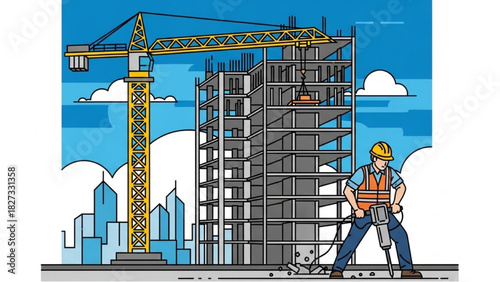 Construction Crane and Worker Line Art – Black Outline Colorful Tower Crane with Jackhammer Operator Illustration