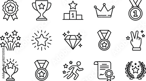Set of Black Line Icons for Success, Victory, Achievement, Award, Medal, Trophy, Winner, Crown, and Champion Recognition