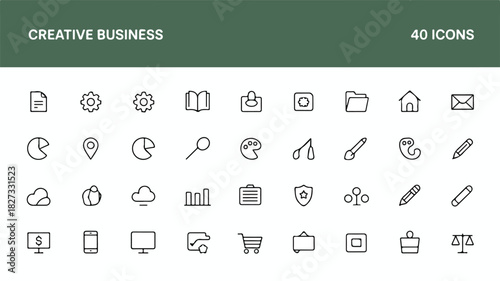 Modern Creative Business Icon Set Featuring Financial, Communication, and Technology Symbols for Digital and Print Applications