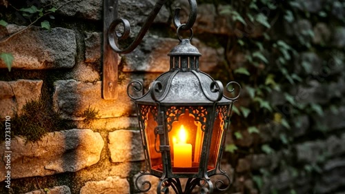 Wallpaper Mural Enchanting Lantern Glows on Stone Wall Video, Emitting a Warm and Inviting Light, Creating a Cozy Torontodigital.ca