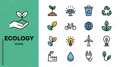 Clean Professional Ecology and Environmental Protection Icon Set with Line Art for Sustainable Living and Green Energy