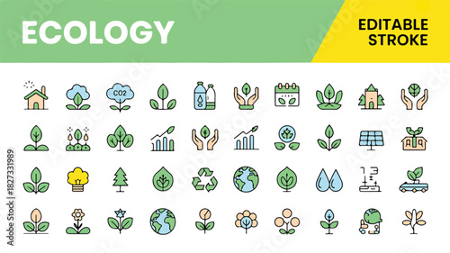 Ecology and environmental vector icon set, highlighting sustainability, nature conservation, green technology, and responsible living with a clean, professional design