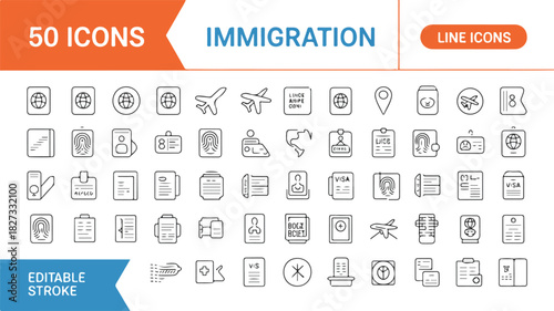 A clean and professional vector icon set illustrating themes of international relocation, legal documentation, and border crossing