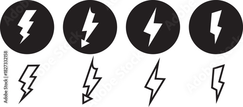 Set of black and white lightning bolt icons, Electricity and Lightning Prohibition Sign, power icon energy icon sign, Outline thunderbolt symbol illustration,

