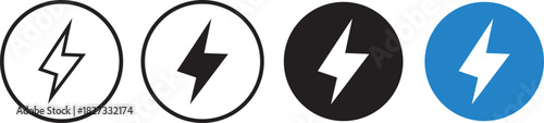 Set of black and white lightning bolt icons, Electricity and Lightning Prohibition Sign, power icon energy icon sign, Outline thunderbolt symbol illustration,
