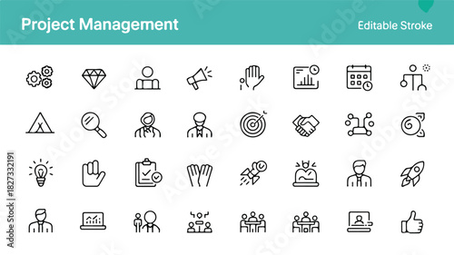 A Collection of Professional Icons Representing Key Aspects of Project Management and Business Operations