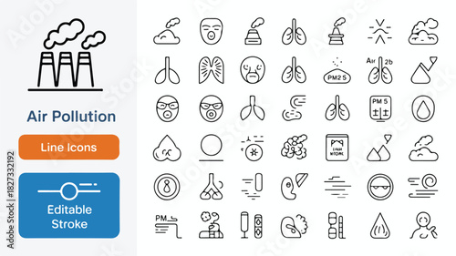 A clean and professional icon set design featuring editable stroke line icons for air pollution, environmental safety, and public health