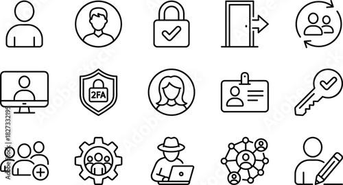 Set of Black Line Icons for User Profile, Account Security, Identity Verification, 2FA, User Management, Login, and Authorization