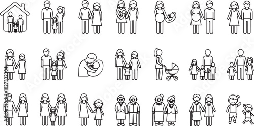 Diverse Family Structure Icons Set Black Line Art Vector Graphics Isolated on White Background