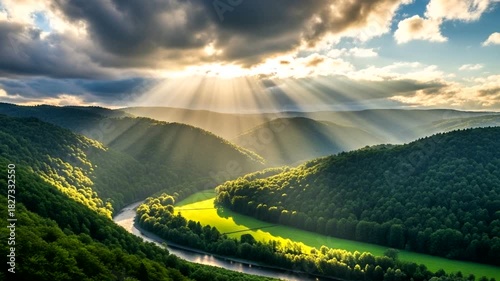 Wallpaper Mural Epic Sunlight Through Forest Valley: A Stunning Landscape with River Bending Through Verdant Hills Torontodigital.ca