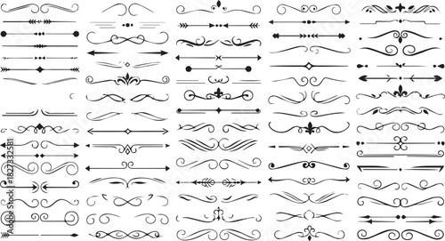 Large set of vintage vector page dividers and ornate flourish design elements isolated on white background.