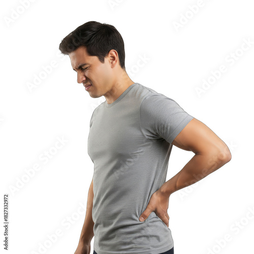 Man In Gray TShirt Holding His Back In Pain Isolated On Black Background With Transparent Background