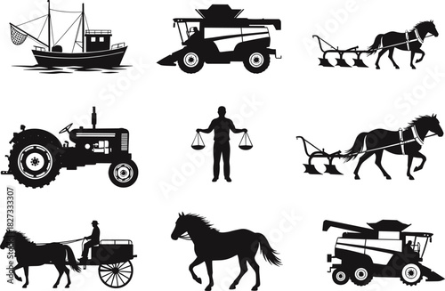 “Detailed vector illustration set featuring tractors, horses, fishing boat, farmer, plowing scenes, and agriculture machinery silhouettes for farming, rural industry, transportation,