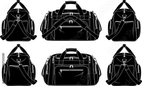“Detailed vector illustration of multifunctional travel duffel bag shown in multiple angles, showcasing storage pockets, straps, zippers, and versatile design for luggage, sports, and outdoor use”