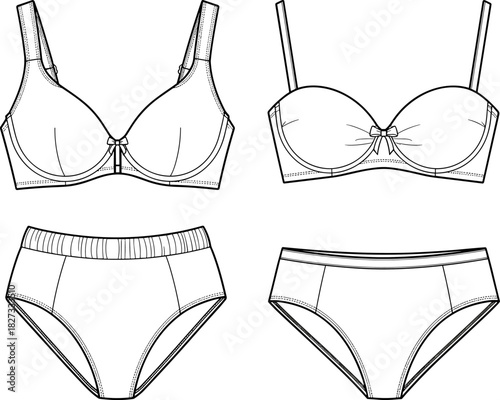 Basic Lingerie Set Technical Flat Sketch Vector, Full Coverage Bra, Strapless Convertible Bra, High-Waist Briefs, Classic Bikini Panty, Underwear Apparel Design Template, Front View.