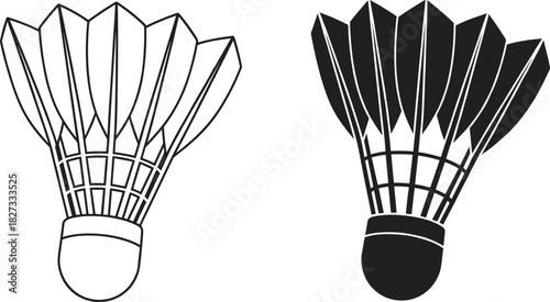 Black and white badminton shuttlecock vector illustration, showcasing detailed feather design, sports equipment icon, minimal silhouette style perfect for athletic branding, 