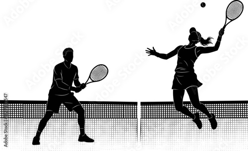 Black and White Silhouette Vector Illustration of Male and Female Tennis Players in Action, Serving and Receiving on a Court with a Net, Representing Professional Sports